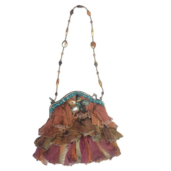 Mary Frances Shoulder Bag Purse Rock My Soul Boho Turquoise Silk Ruffle Beaded - Picture 10 of 11